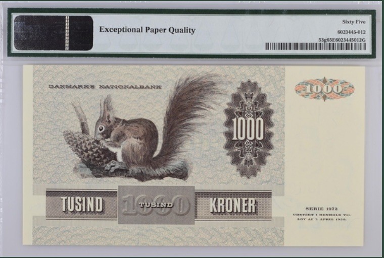 收藏联盟Quantum Auction 第194期——白金之夜 秋季拍卖 丹麦1992年1000克朗 PMG65 大松鼠 美女作家海贝尔夫人