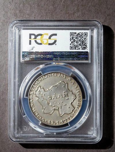 【华誉大咖】2142期拍卖 1935年德国萨尔公投银章，pcgs64分冠军分，稀少货，状态极佳