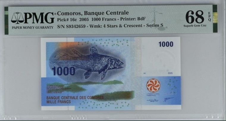 收藏联盟Quantum Auction 第194期——白金之夜 秋季拍卖 科摩罗2005年1000法郎 PMG68 年度最佳纸币