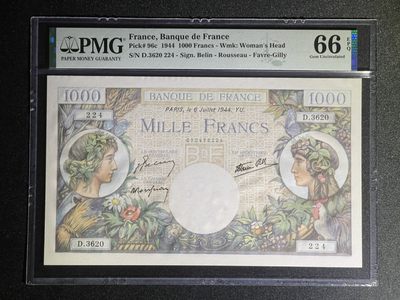 《张总收藏》74期——外币大场 - 法国1000法郎 PMG66E 1944年版 大票幅