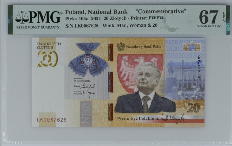 收藏联盟Quantum Auction 第195期拍卖(已更新) 波兰2021年20兹罗提卡钦斯基总统纪念钞 PMG67 号码不带4
