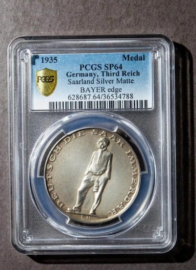 【华誉大咖】2142期拍卖 1935年德国萨尔公投银章，pcgs64分冠军分，稀少货，状态极佳