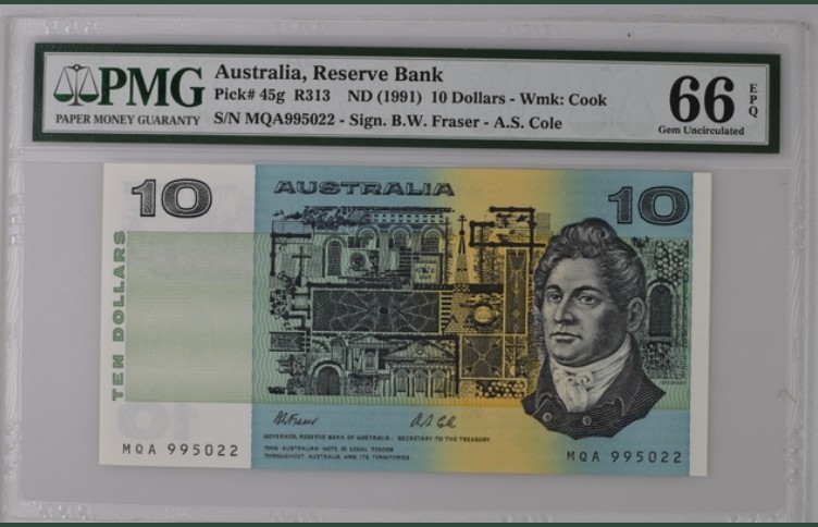 收藏联盟Quantum Auction 第195期拍卖(已更新) 澳大利亚1991年10元 PMG66