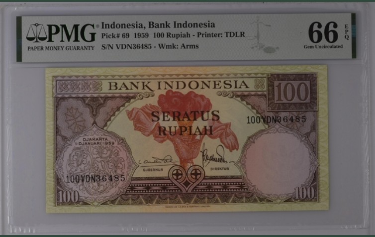 收藏联盟Quantum Auction 第195期拍卖(已更新) 印度尼西亚1959年100卢比 PMG66