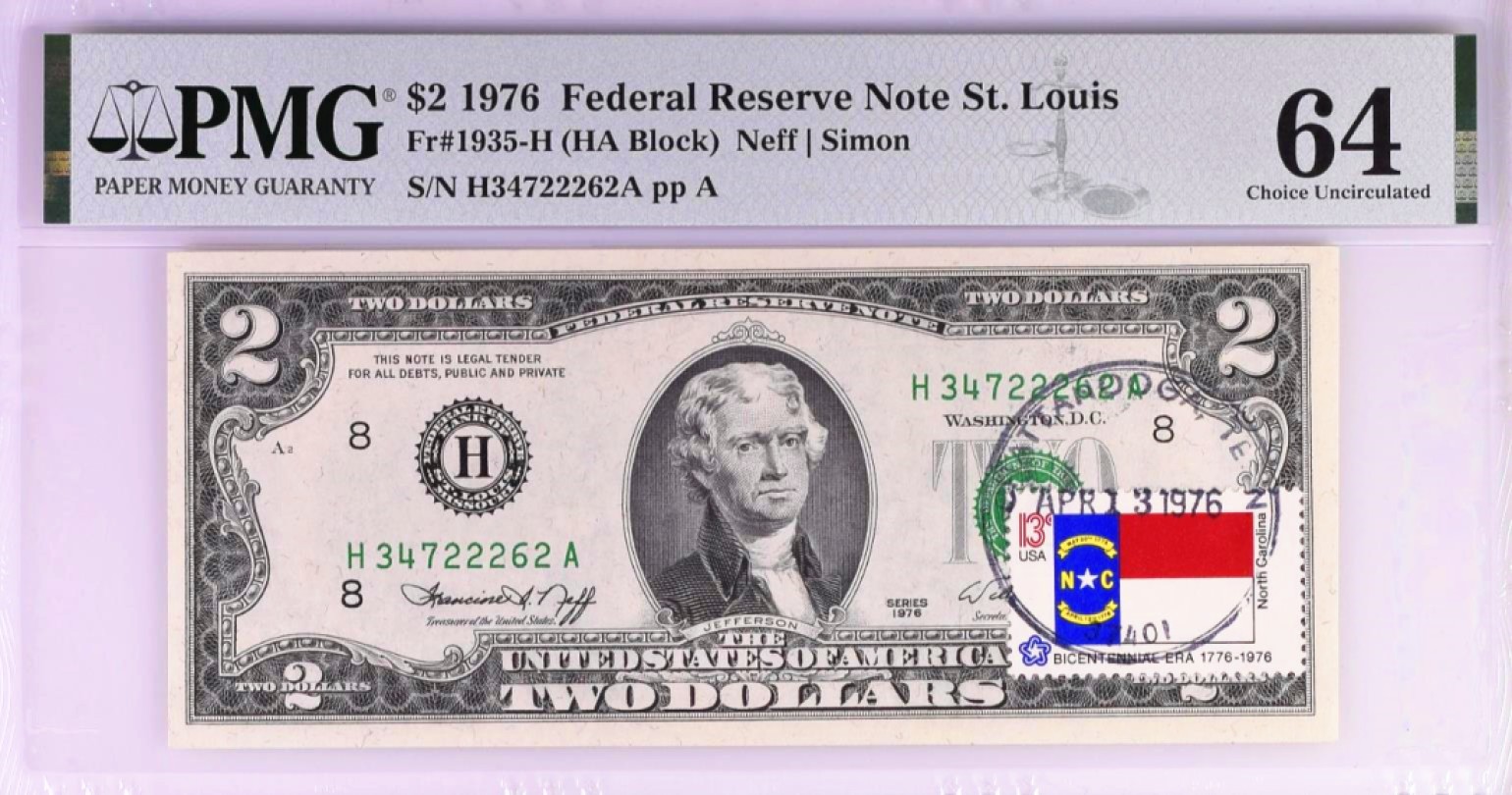 1976年美国建国200周年首发纪念钞2美元+首日邮票- 四海评级币- 四海评级币- 麦稀奇