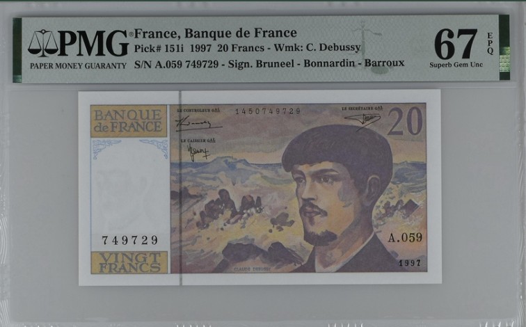 收藏联盟Quantum Auction 第195期拍卖(已更新) 法国1991年20法郎 PMG67 彪德西