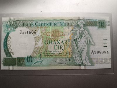 【专场20220927】巾帼不让须眉——女性元素纸币专场 - 【拍品004】马耳他1994版10里拉AUNC有中折