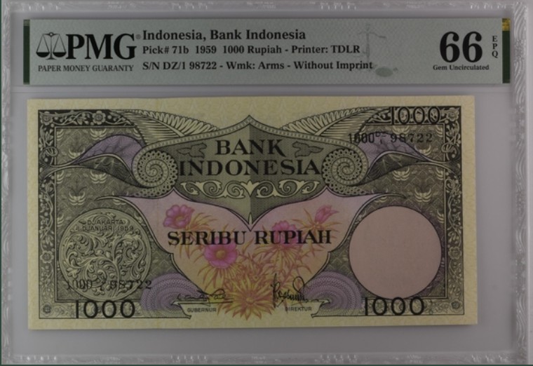 收藏联盟Quantum Auction 第195期拍卖(已更新) 印度尼西亚1959年1000卢比 PMG66