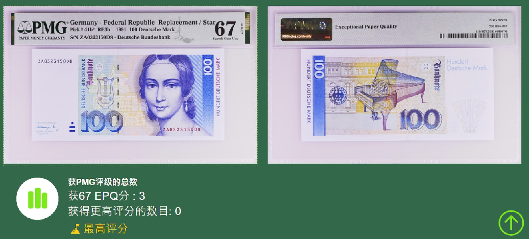 《张总收藏》74期——外币大场 德国100马克超稀少补号PMG67E冠军分无47尾8 1991年 总评级数才7张，极其稀少