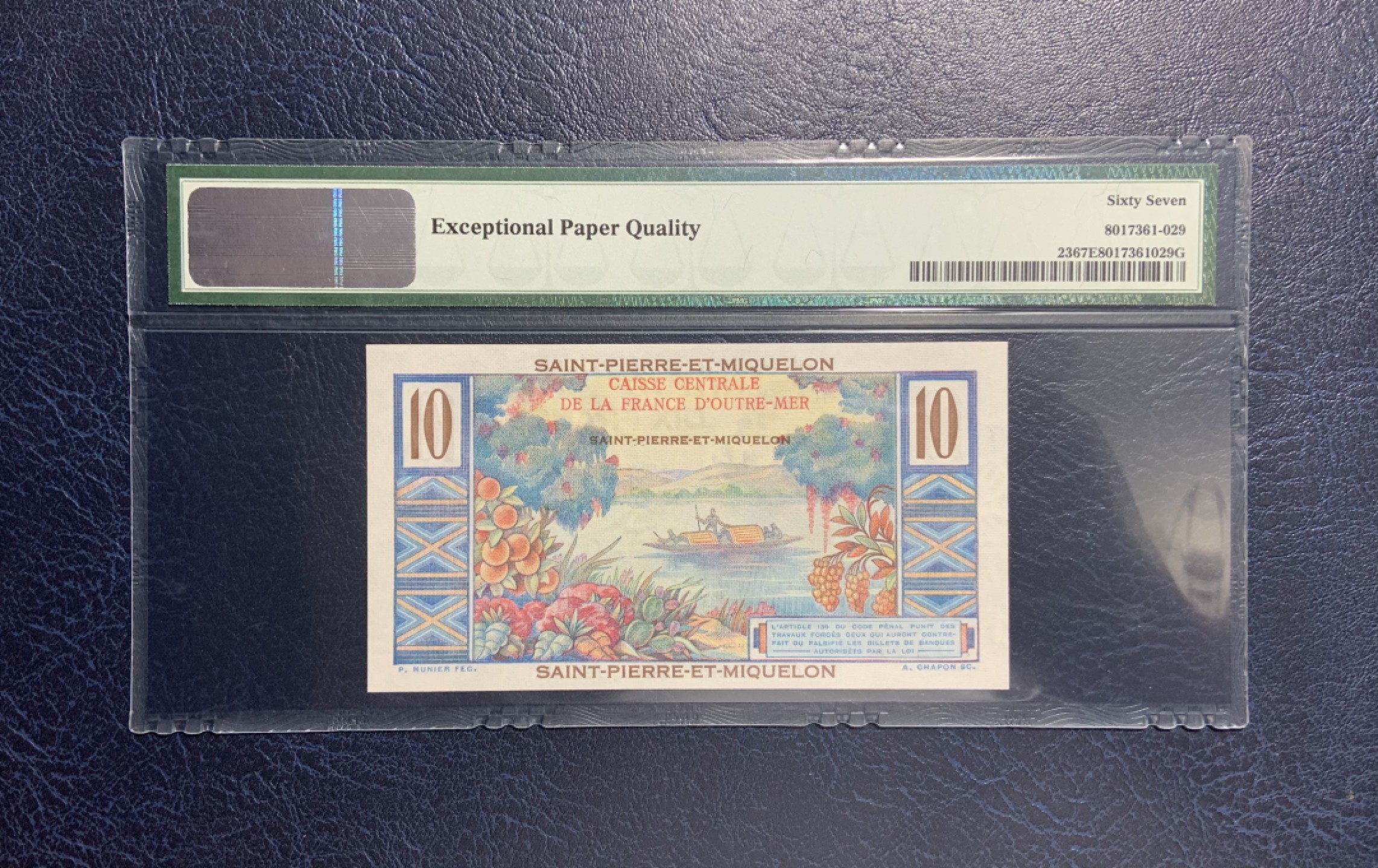 收藏联盟Quantum Auction 第195期拍卖(已更新) 圣皮埃尔和密克隆群岛1956-60年10法郎 PMG67