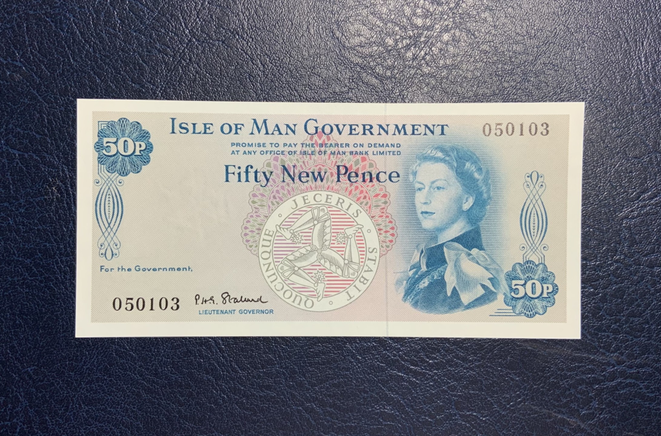 收藏联盟Quantum Auction 第195期拍卖(已更新) 马恩岛1969年50新便士 品相全新UNC 票面一道轻微点钞痕