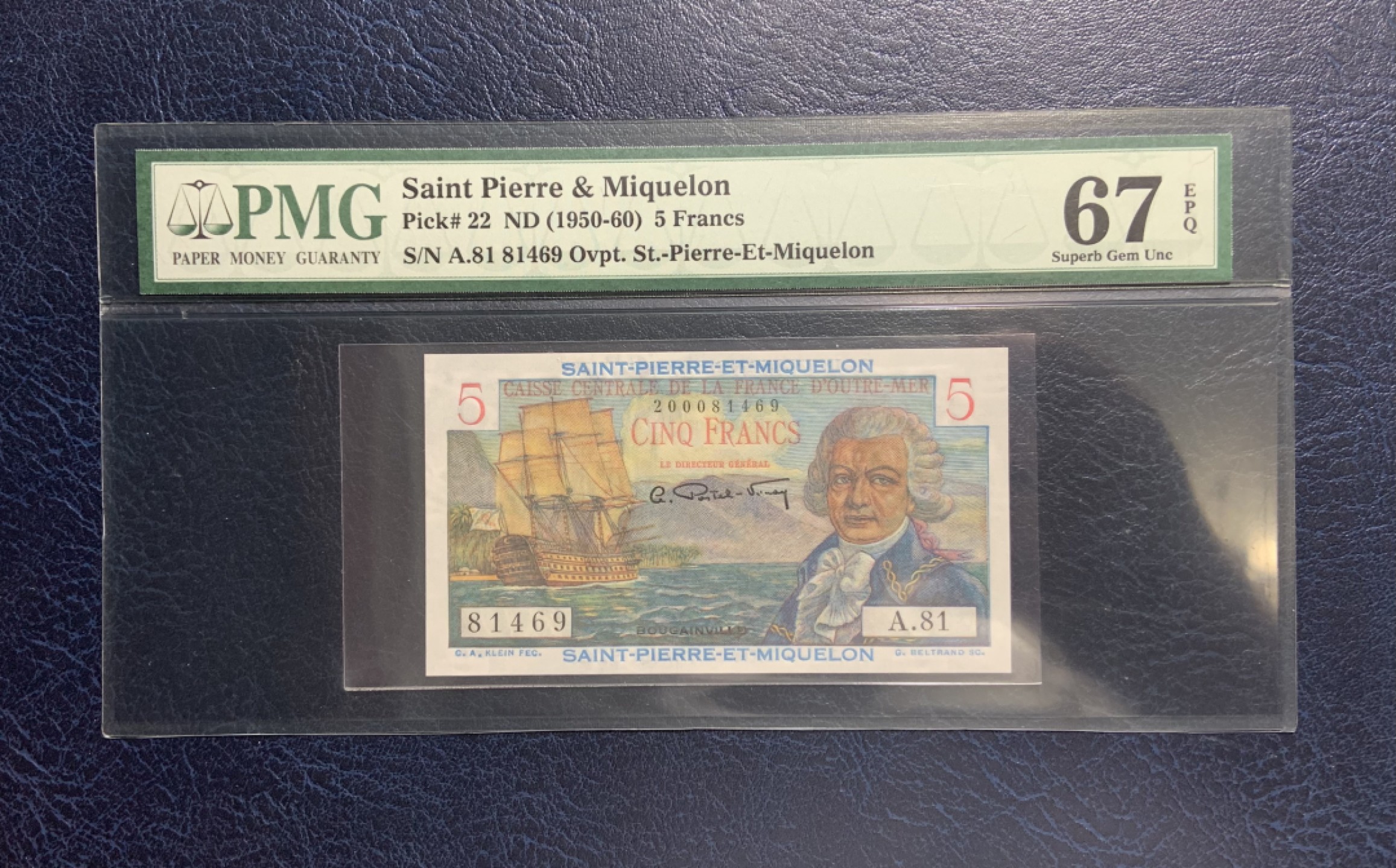 收藏联盟Quantum Auction 第195期拍卖(已更新) 圣皮埃尔和密克隆群岛1950年5法郎 PMG67 经典第一代壳