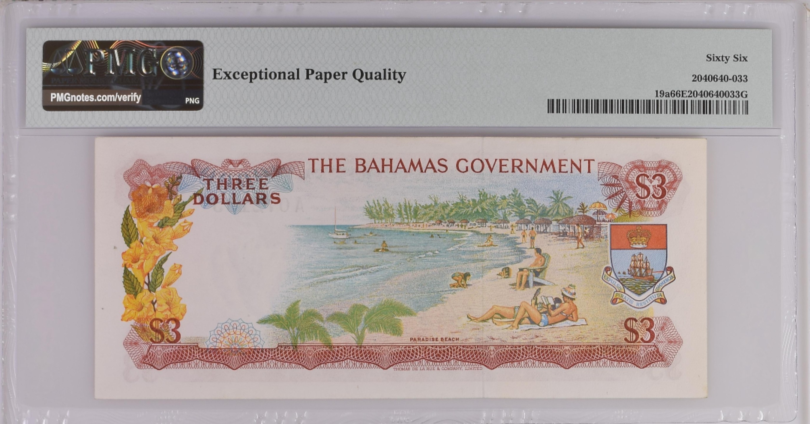 收藏联盟Quantum Auction 第195期拍卖(已更新) 巴哈马1965年3元 PMG66 首发年份A0冠 号码无4 德纳罗彩背 海滩比基尼