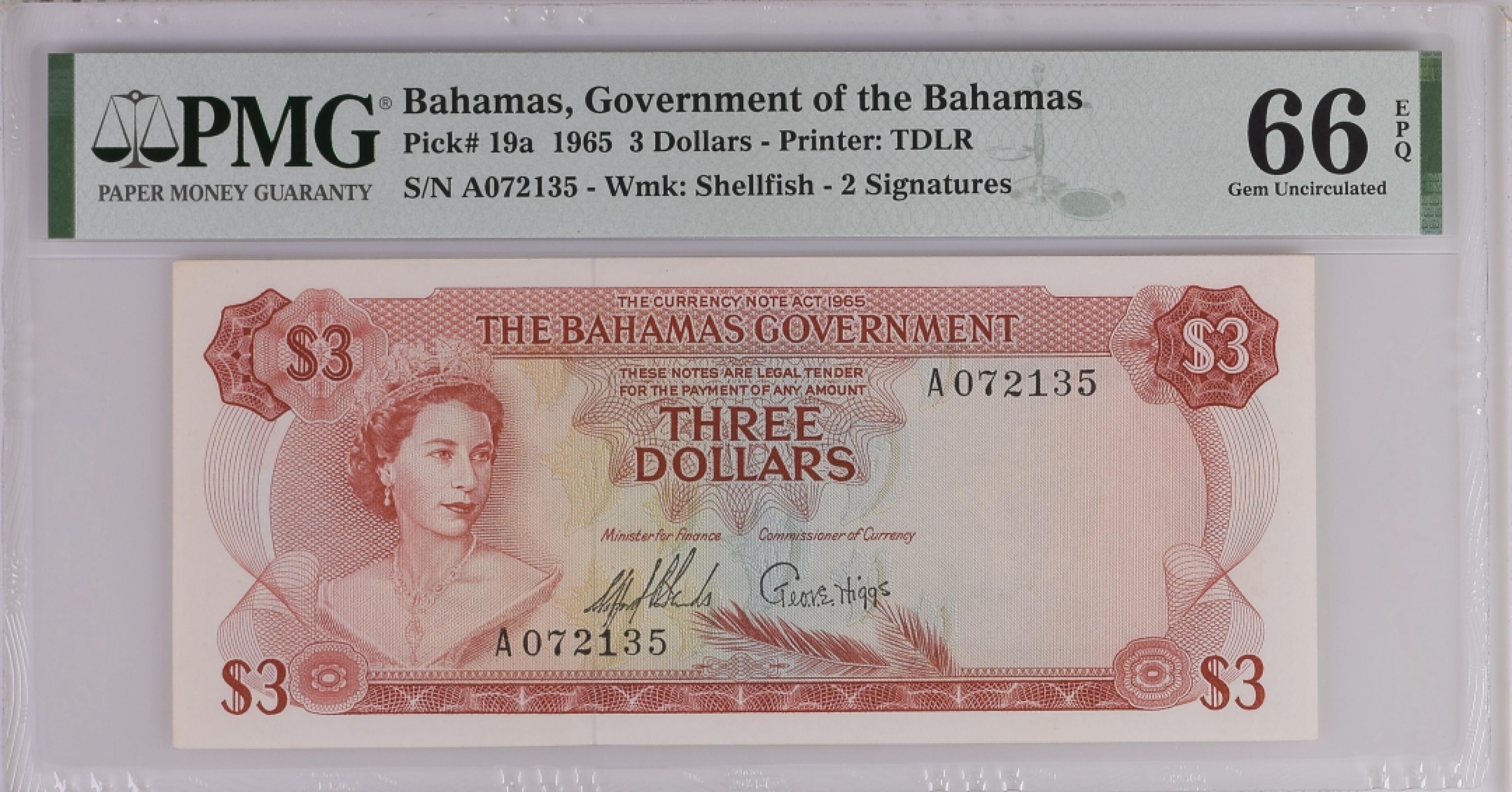 收藏联盟Quantum Auction 第195期拍卖(已更新) 巴哈马1965年3元 PMG66 首发年份A0冠 号码无4 德纳罗彩背 海滩比基尼