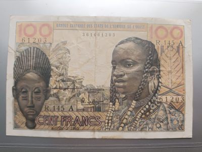【专场20220929】百无禁忌——面值为"100"的纸币专场 - 【拍品004】西非共同体1961版100法郎流通品相VF