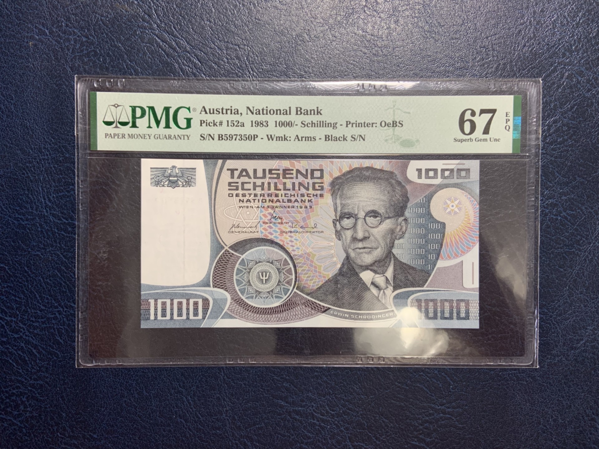 收藏联盟Quantum Auction 第195期拍卖(已更新) 奥地利1983年1000先令 PMG67 物理学家薛定谔 维也纳大学