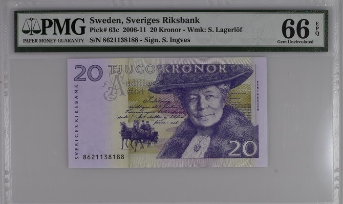 收藏联盟Quantum Auction 第195期拍卖(已更新) 瑞典2006-2011年20克朗 PMG66  《厄尔斯骑鹅旅行记》