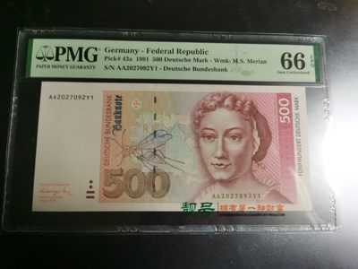 【Blue Auction】✨世界纸币精拍第229期 ——国庆黄金周 I - 【AA冠初版】德国 1991年500马克 PMG66EPQ 昆虫学家梅里安