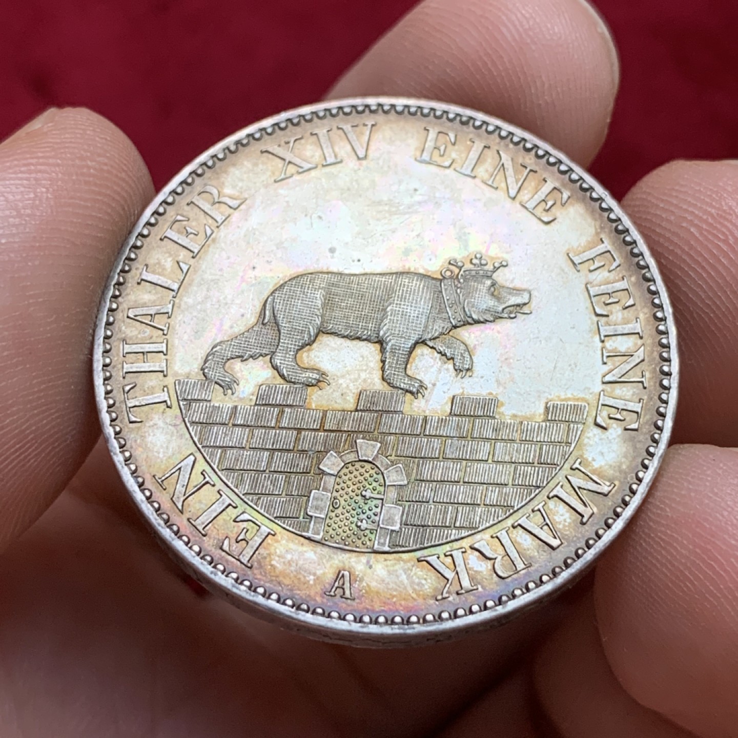 《竞宝斋》第100场-纪念拍卖 (全场包邮)中拍得限量纪念章 德国 安哈特 1855年 小熊爬墙 1泰勒大银币 双面炫五彩  细节没得说 自己都没有了 见视频吧