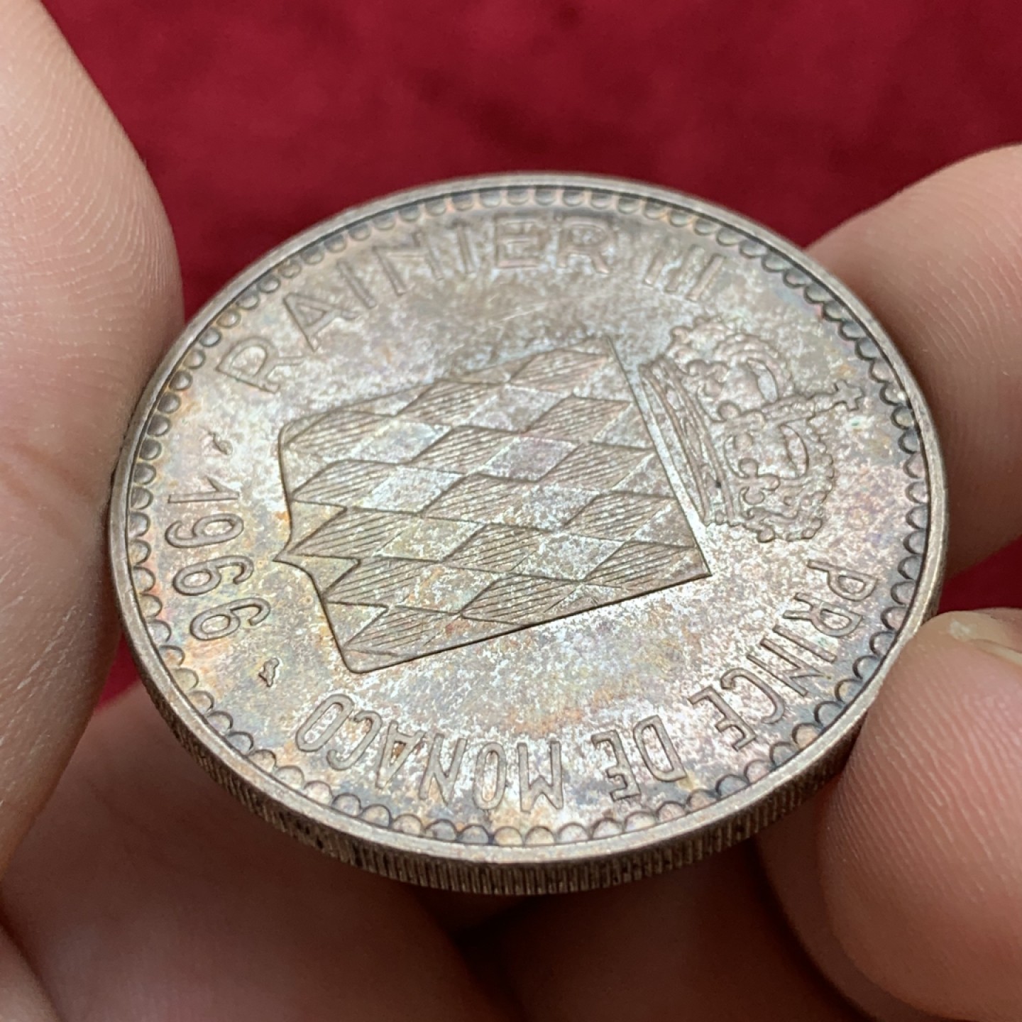 《竞宝斋》第100场-纪念拍卖 (全场包邮)中拍得限量纪念章 摩纳哥 1966年 10法郎大银币 炫五彩BU 难得状态 可送评