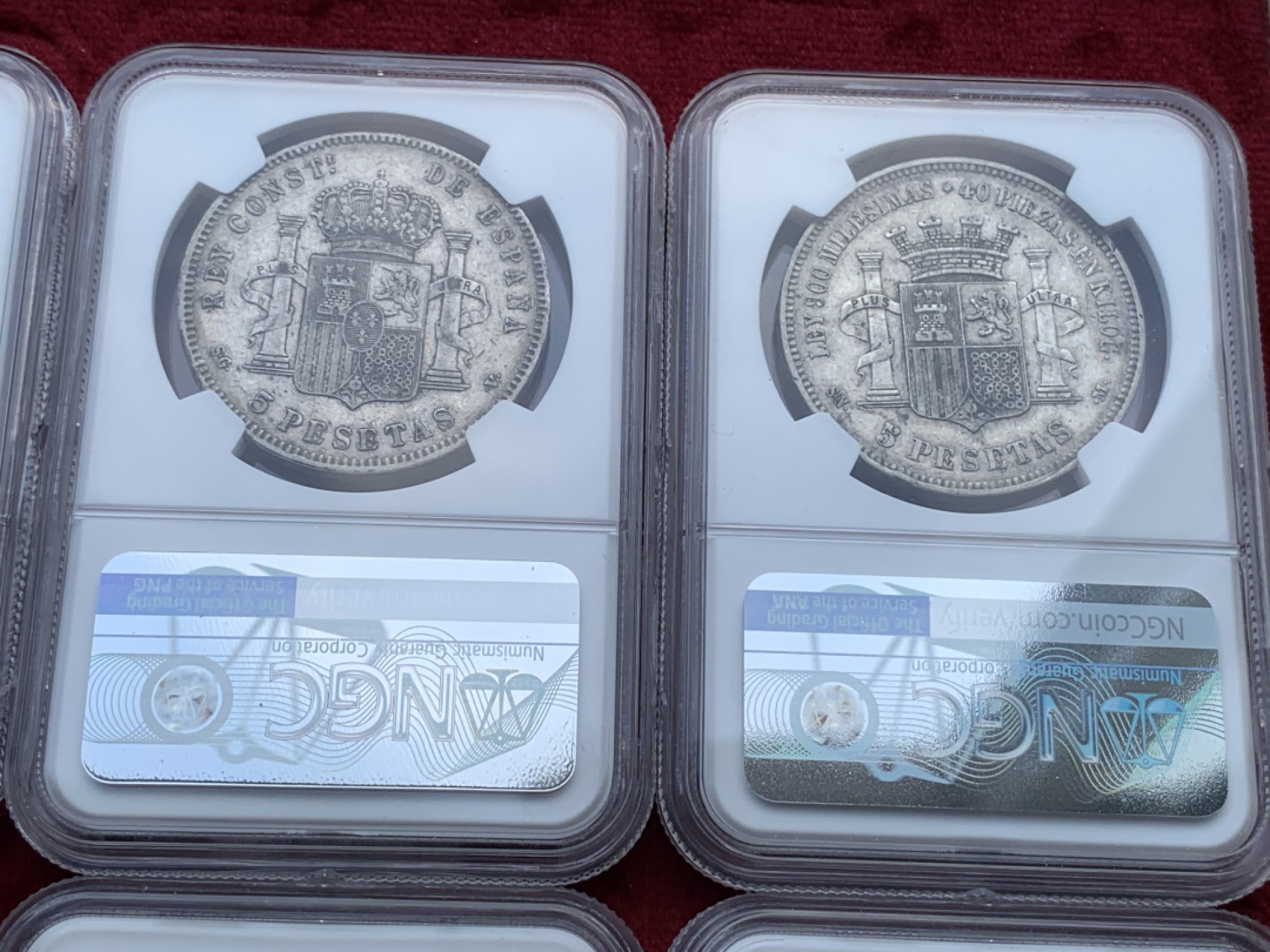 《竞宝斋》第100场-纪念拍卖 (全场包邮)中拍得限量纪念章 NGC XF45-AU50 8枚一组 西班牙 5比塞塔 银币 8枚一套 状态比较平均 值得收藏