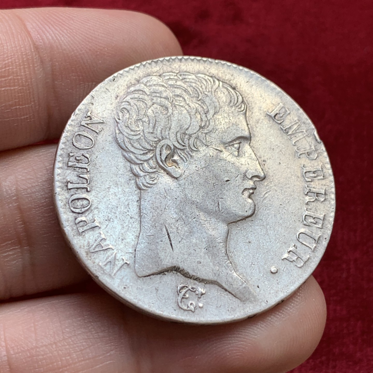 《竞宝斋》第100场-纪念拍卖 (全场包邮)中拍得限量纪念章 法国共和AN13年（1805年）拿破仑一世5法郎银币 头发磨损轻微 双面深打 非常难得的状态