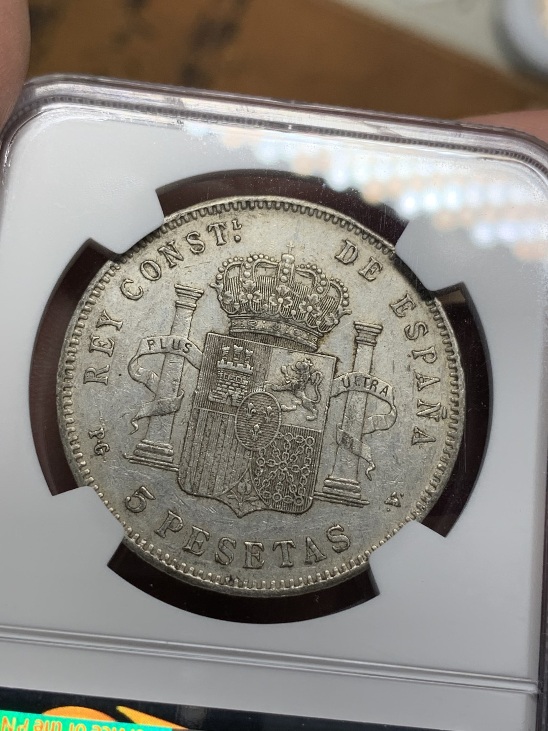 《竞宝斋》第100场-纪念拍卖 (全场包邮)中拍得限量纪念章 NGC AU58 西班牙 1896年 阿方索十三世 5比塞塔银币 状态不错 小孩头也是热门