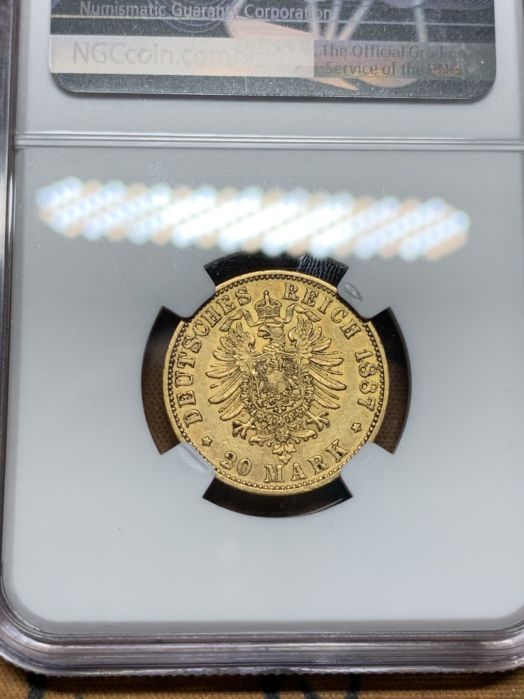 《竞宝斋》第100场-纪念拍卖 (全场包邮)中拍得限量纪念章 NGC AU53 德国 普鲁士 1887年 20马克金币 原味状态 见到不多  重7.98克 喜欢不要错过