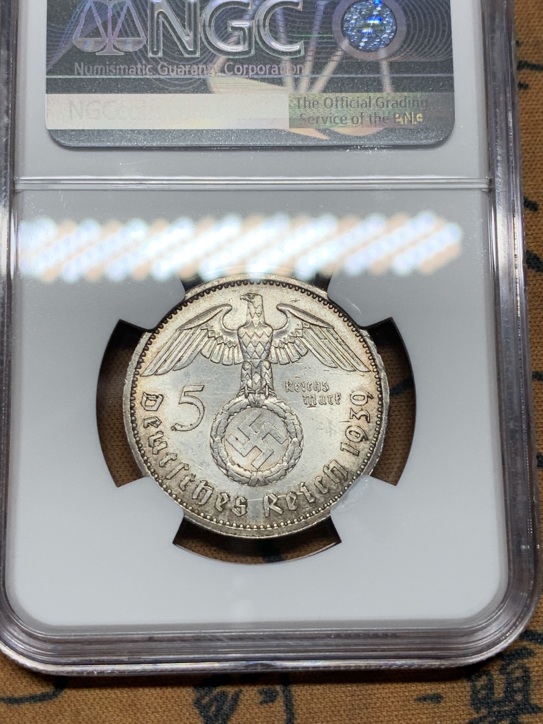 《竞宝斋》第100场-纪念拍卖 (全场包邮)中拍得限量纪念章 NGC UNC 德国 1939年 兴登堡 5马克银币 凝霜十足 不给分没办法