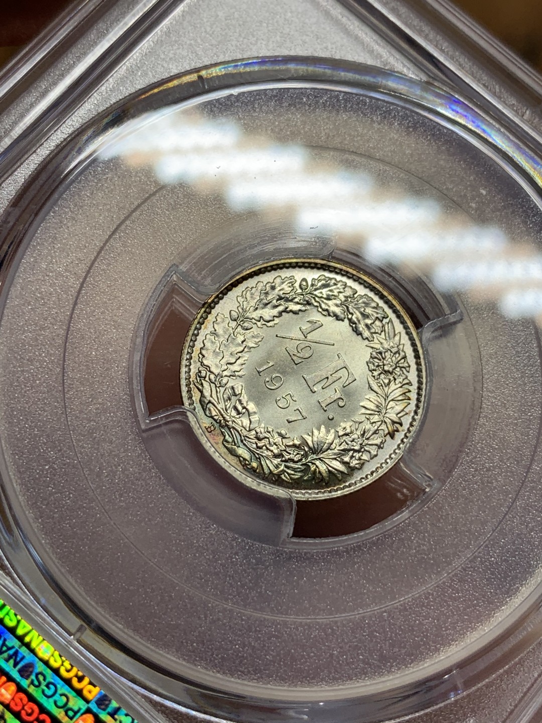 《竞宝斋》第100场-纪念拍卖 (全场包邮)中拍得限量纪念章 PCGS MS66 瑞士 1957年 女神 1/2法郎 银币 不多见的年份 状态极佳 评级费150