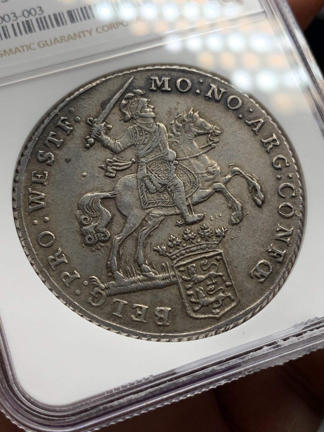 《竞宝斋》第100场-纪念拍卖 (全场包邮)中拍得限量纪念章 更高分3枚  NGC AU55 荷兰 骑字版 1791/0年 西弗里斯兰省 1杜卡特大马剑银币 原味包浆 双面深打 状态难得