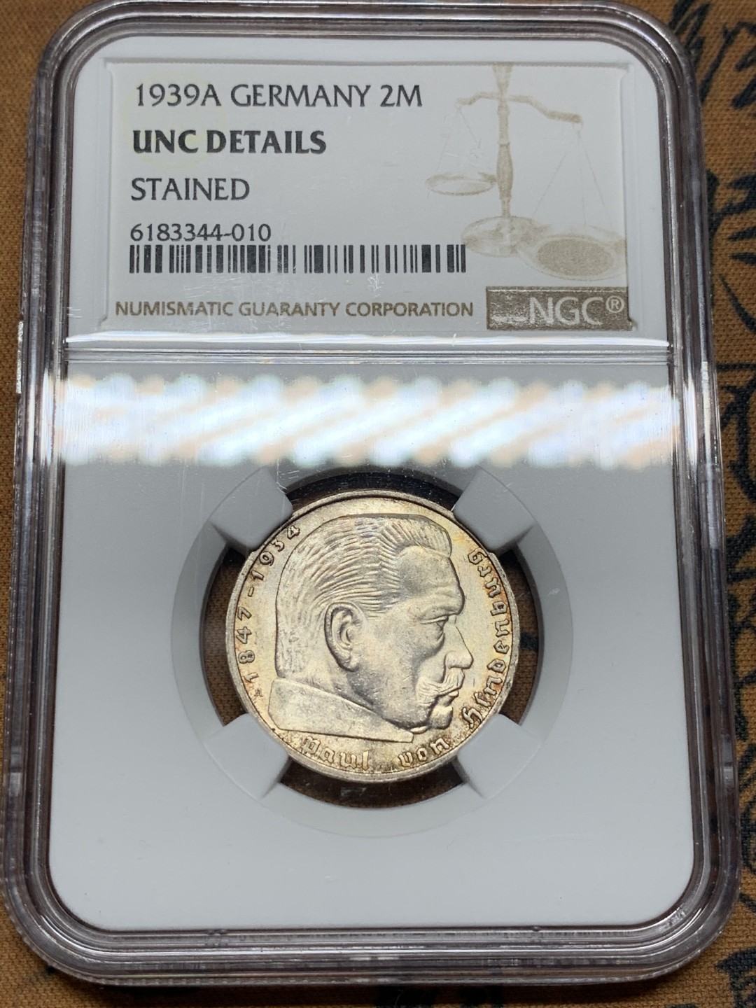 《竞宝斋》第100场-纪念拍卖 (全场包邮)中拍得限量纪念章 NGC UNC 德国 1939年 兴登堡 2马克银币 状态好 没分可惜了