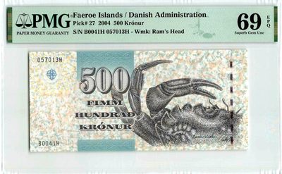 【Blue Auction】✨世界纸币精拍第230期 ——国庆黄金周专场 II - 【初版】法罗群岛 2004年500克朗 次高值 大螃蟹 PMG69EPQ 近满分