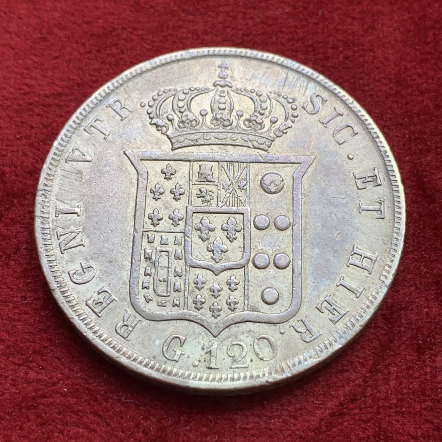 《竞宝斋》第100场-纪念拍卖 (全场包邮)中拍得限量纪念章 意大利1844年那不勒斯&西西里120G大银币 头发清晰 背面减重痕迹少 带包浆 比较难得