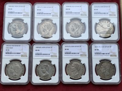 《竞宝斋》第100场-纪念拍卖 (全场包邮)中拍得限量纪念章 - NGC XF45-AU50 8枚一组 西班牙 5比塞塔 银币 8枚一套 状态比较平均 值得收藏