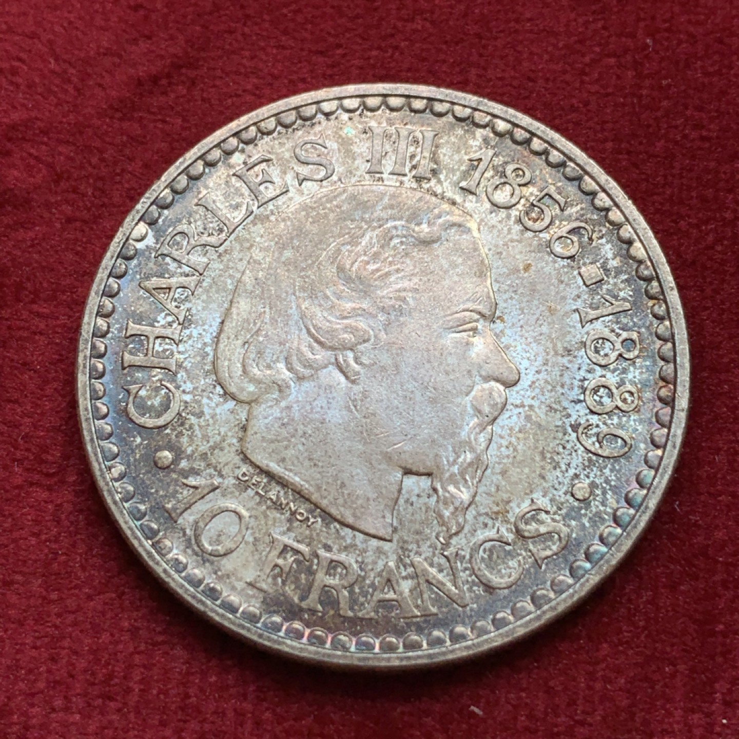 《竞宝斋》第100场-纪念拍卖 (全场包邮)中拍得限量纪念章 摩纳哥 1966年 10法郎大银币 炫五彩BU 难得状态 可送评