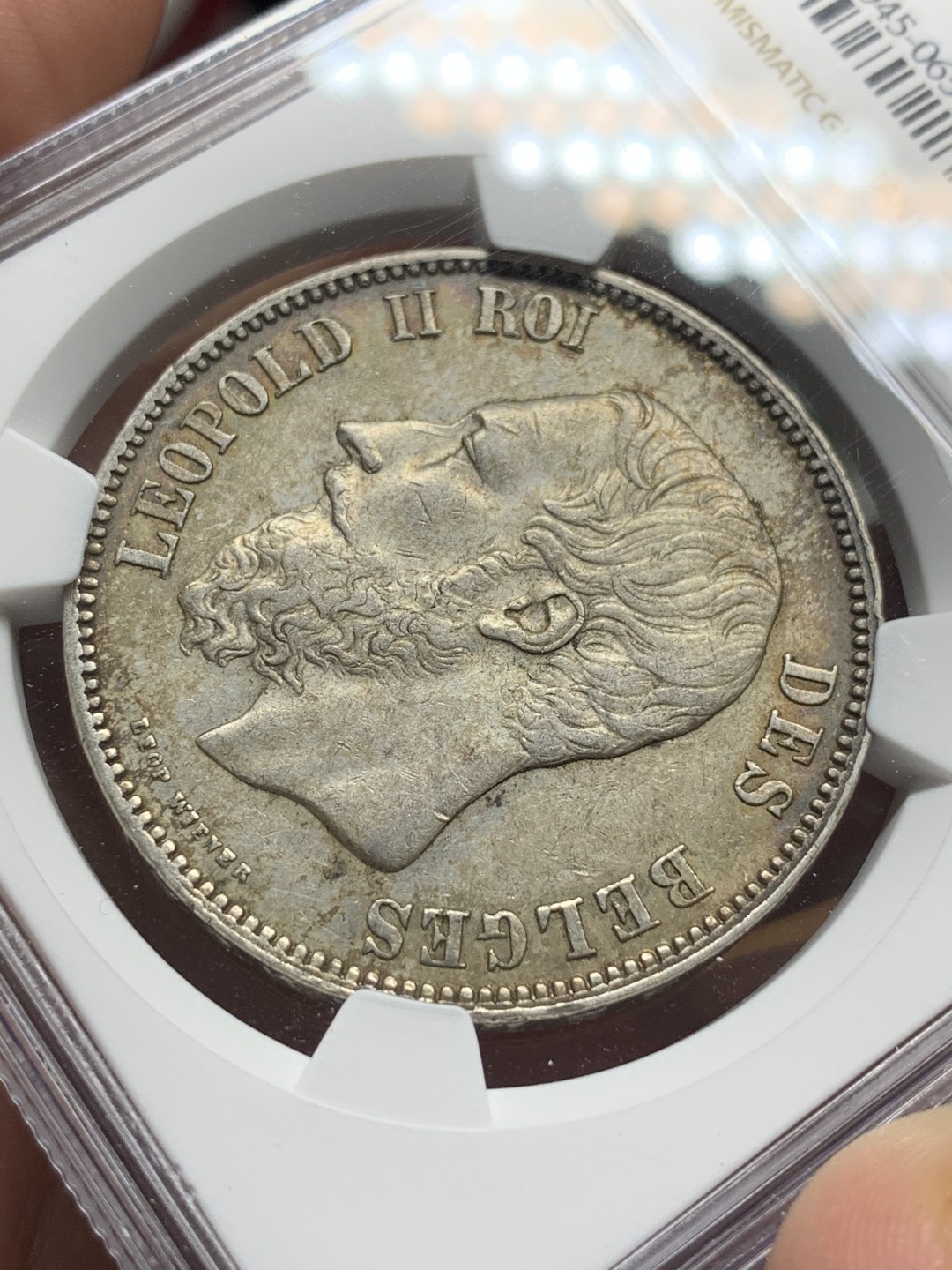 《竞宝斋》第100场-纪念拍卖 (全场包邮)中拍得限量纪念章 NGC AU58 比利时 利奥波德二世 1873年 5法郎银币 双面原味包浆 状态很不错