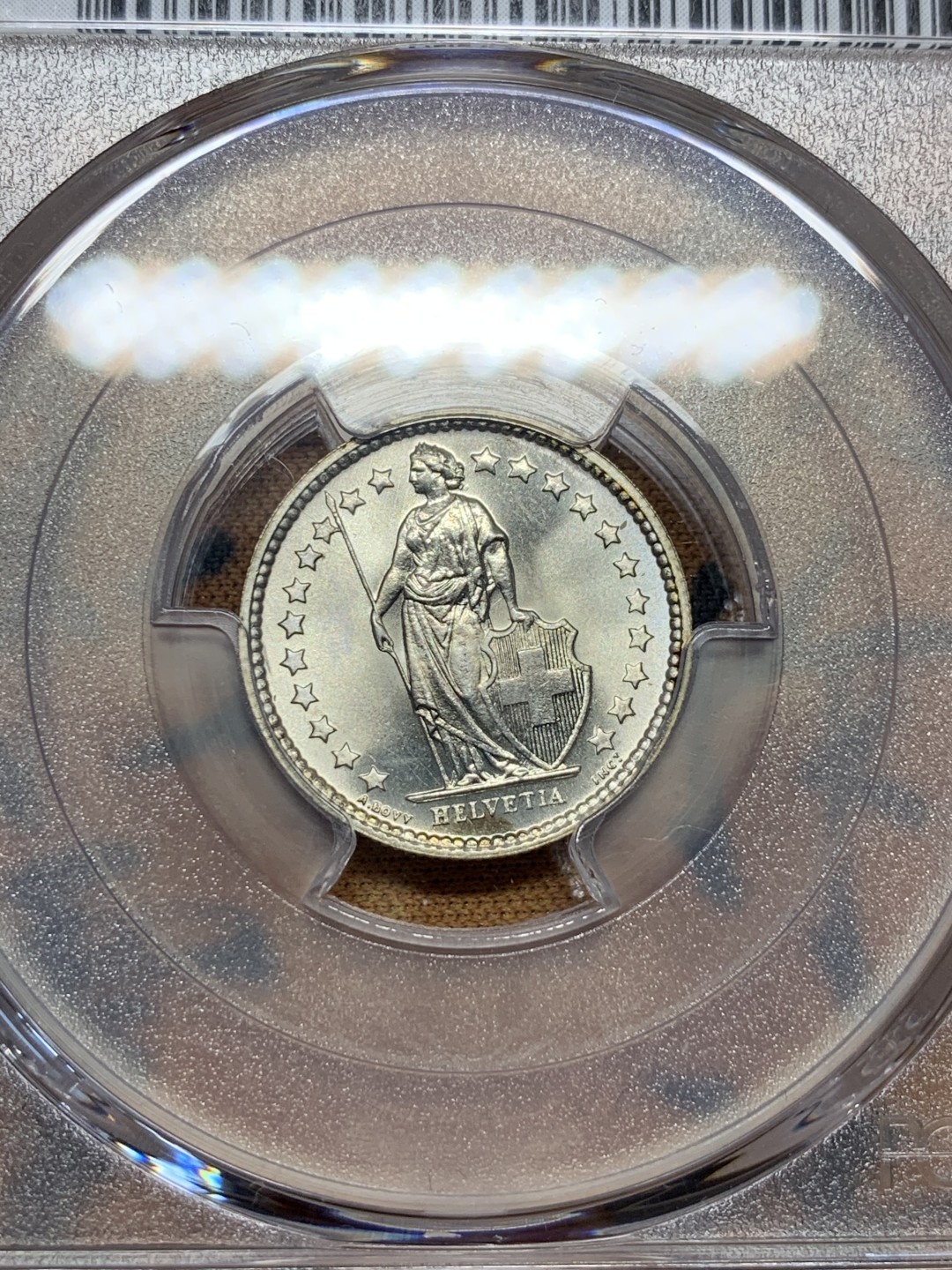 《竞宝斋》第100场-纪念拍卖 (全场包邮)中拍得限量纪念章 PCGS MS66 瑞士 1957年 女神 1/2法郎 银币 不多见的年份 状态极佳 评级费150