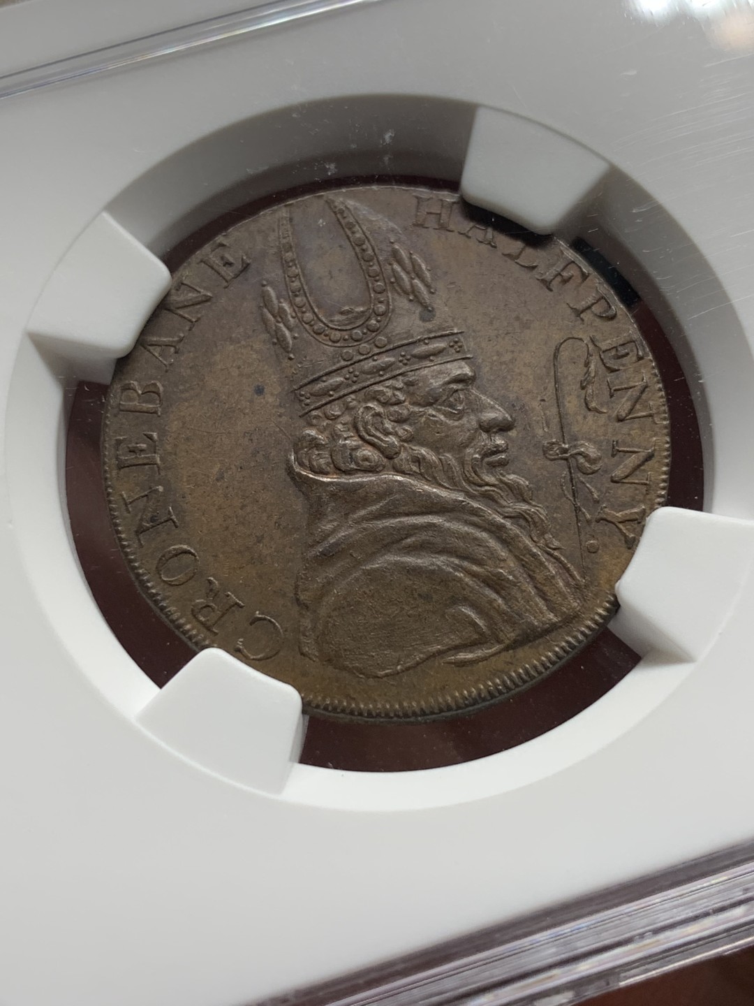 《竞宝斋》第100场-纪念拍卖 (全场包邮)中拍得限量纪念章 NGC MS63 爱尔兰  1789年 半便士 代币 token 光滑的巧克力棕色 相对英国的代币比较少