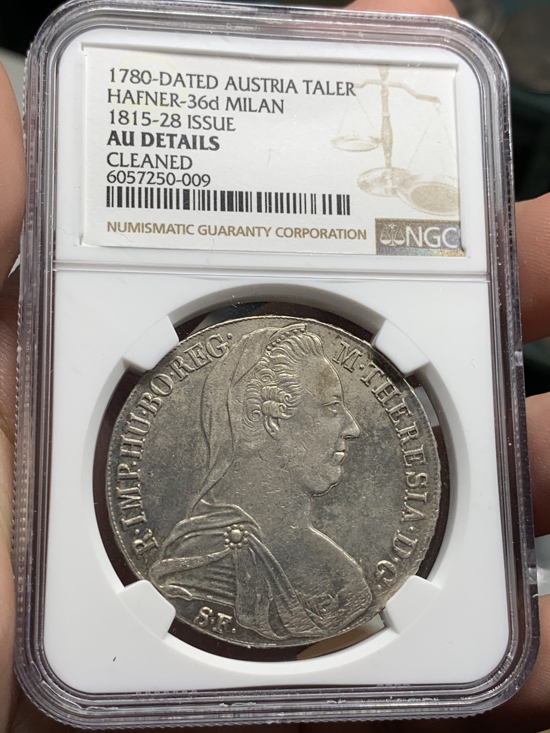 《竞宝斋》第100场-纪念拍卖 (全场包邮)中拍得限量纪念章 NGC AU评级 奥地利 原铸 1815-28年米兰版  ISSUE 1780/HAFNER目录36b/ 大奶妈泰勒银币