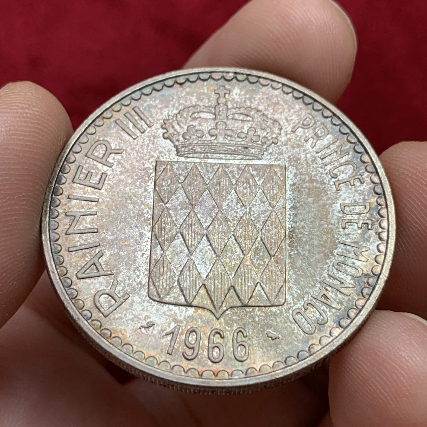 《竞宝斋》第100场-纪念拍卖 (全场包邮)中拍得限量纪念章 摩纳哥 1966年 10法郎大银币 炫五彩BU 难得状态 可送评