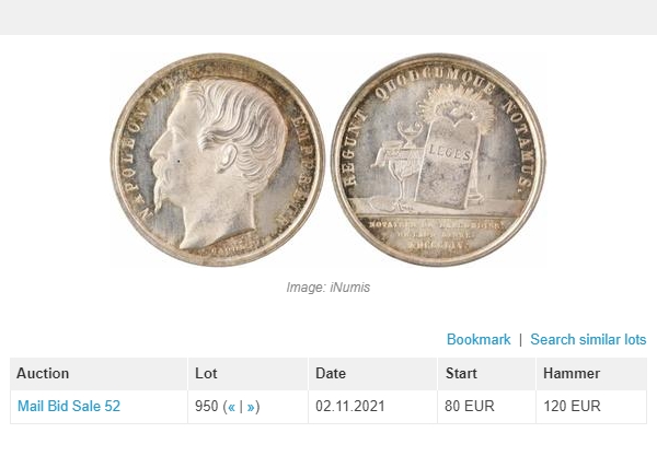 《竞宝斋》第100场-纪念拍卖 (全场包邮)中拍得限量纪念章 法国 拿破仑三世 1854年 巴黎拉昂区公证人 银质代币 15克 32.7直径 手指边铭 2021年外拍含佣金1000RMB 成交 少见品种