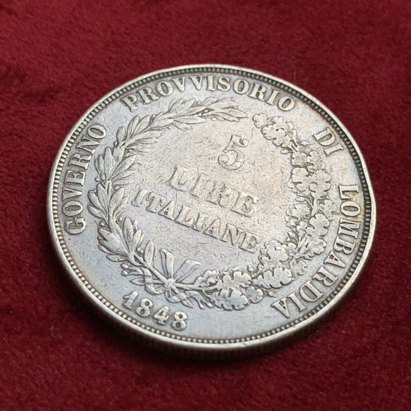 《竞宝斋》第100场-纪念拍卖 (全场包邮)中拍得限量纪念章 意大利1848年 临时政府5里拉银币 