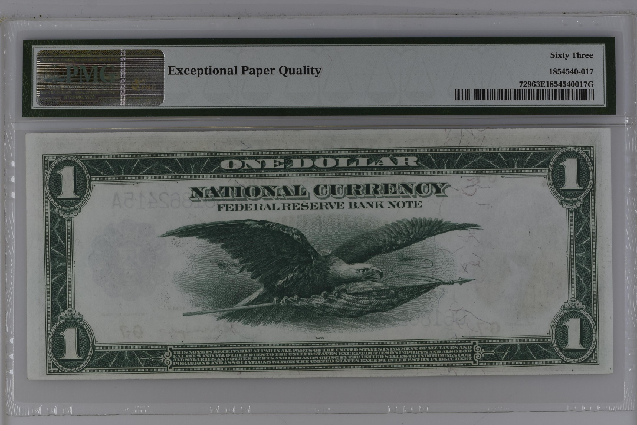 收藏联盟Quantum Auction 第195期拍卖(已更新) 美国1918年联邦国民券1元 PMG63e 白头海雕 大票幅