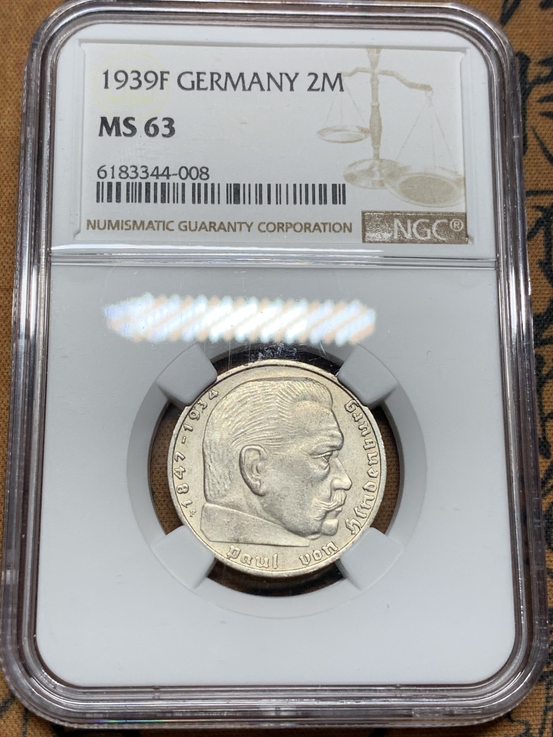 《竞宝斋》第100场-纪念拍卖 (全场包邮)中拍得限量纪念章 NGC MS63 德国 1939年 兴登堡 2马克银币 不错的分数 符合气质