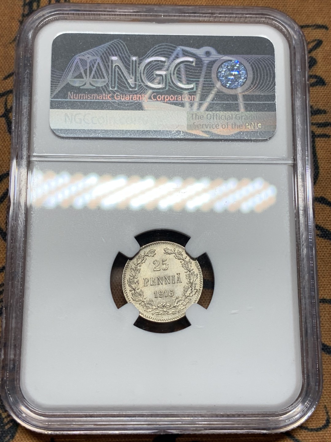 《竞宝斋》第100场-纪念拍卖 (全场包邮)中拍得限量纪念章 NGC MS62 俄占芬兰 1916年 25盆尼 银币