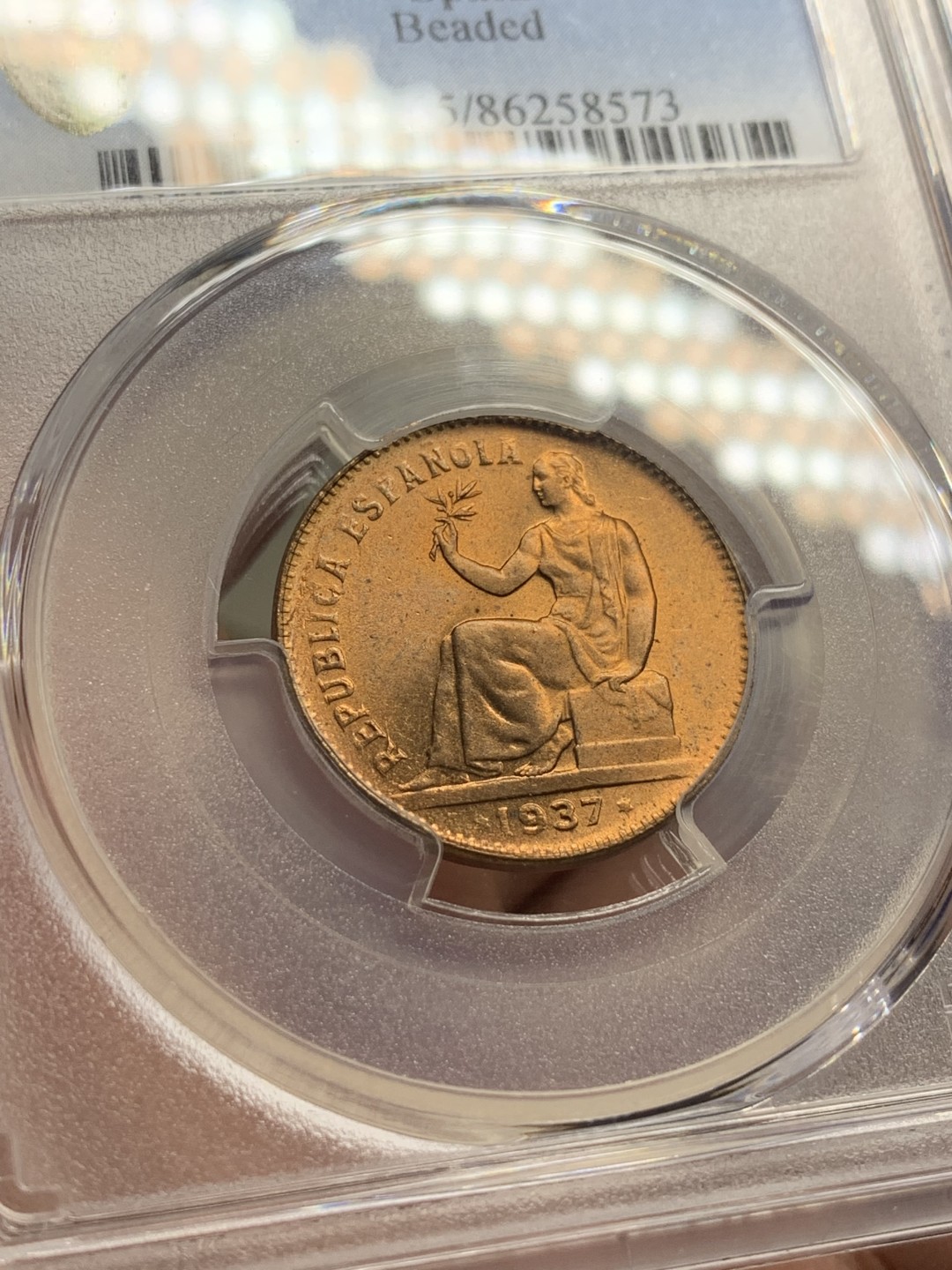 《竞宝斋》第100场-纪念拍卖 (全场包邮)中拍得限量纪念章 PCGS MS65RD 西班牙 1937年 内战版 50分铜币 好的难以形容 喜欢的不要错过