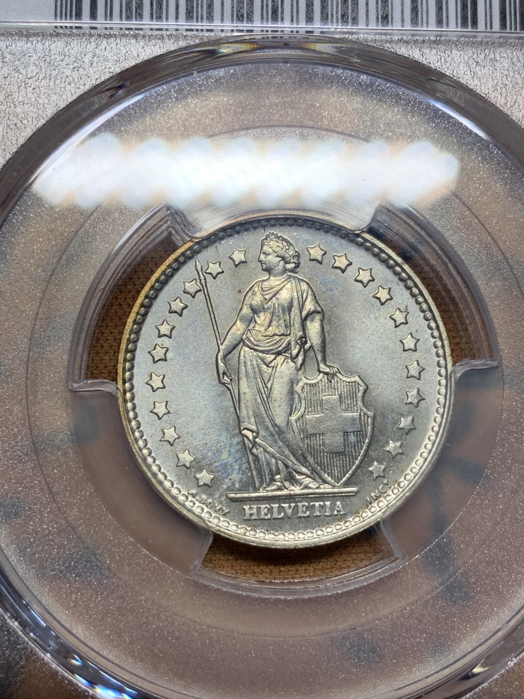 《竞宝斋》第100场-纪念拍卖 (全场包邮)中拍得限量纪念章 PCGS MS66 瑞士 1956年 女神 1法郎 银币 66分的1法郎少见 普遍半法郎为主 这枚接近无暇