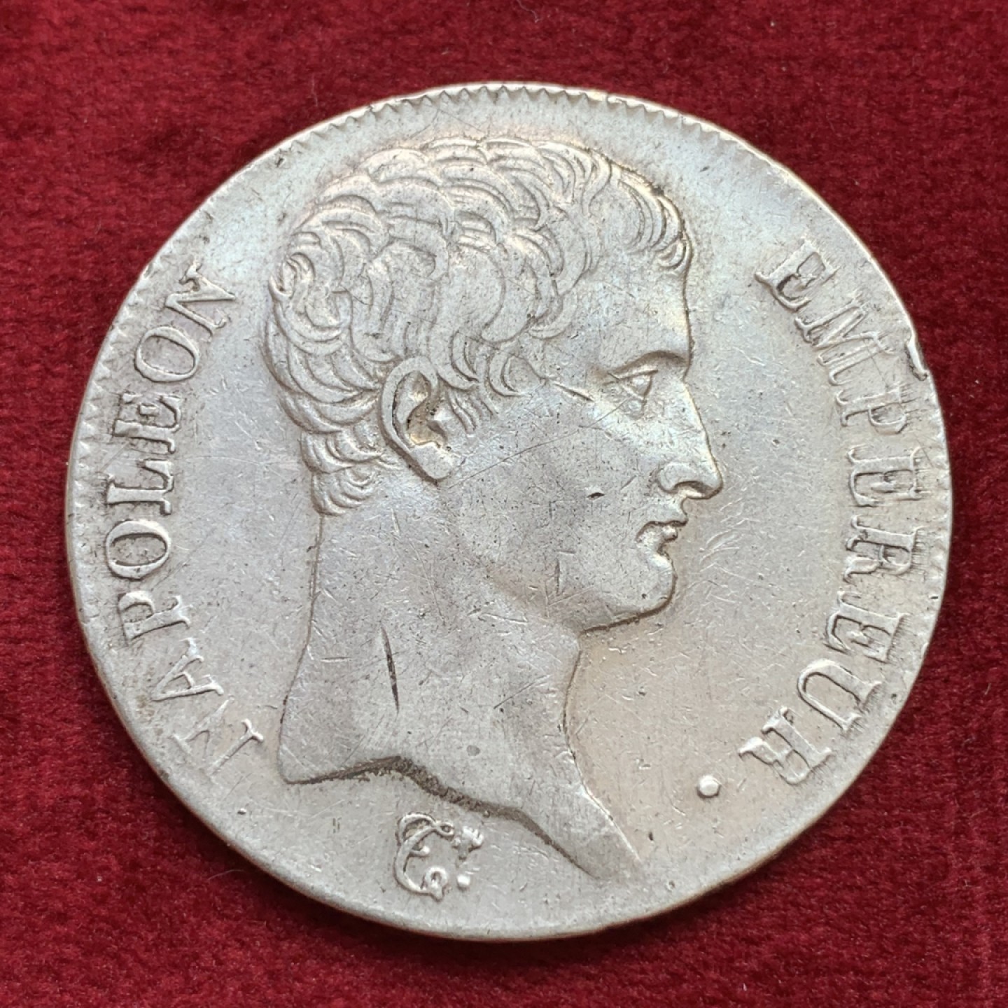 《竞宝斋》第100场-纪念拍卖 (全场包邮)中拍得限量纪念章 法国共和AN13年（1805年）拿破仑一世5法郎银币 头发磨损轻微 双面深打 非常难得的状态