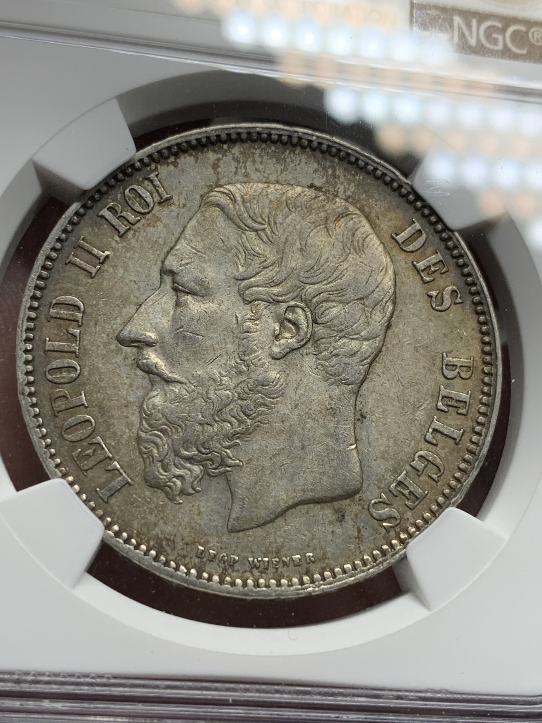 《竞宝斋》第100场-纪念拍卖 (全场包邮)中拍得限量纪念章 NGC AU58 比利时 利奥波德二世 1873年 5法郎银币 双面原味包浆 状态很不错